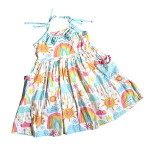 Merce + Me Girls Size 6 Rainbow Sun Cloud Print Tie Shoulder Ruffle Pocket Dress